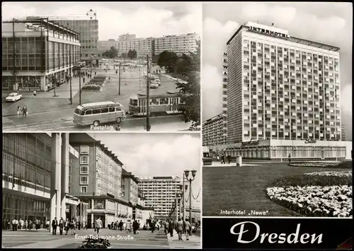 Dresden DDR Mehrbild-AK Interhotel „Newa" Ernst-Thälmann-Straße Postplatz 1973