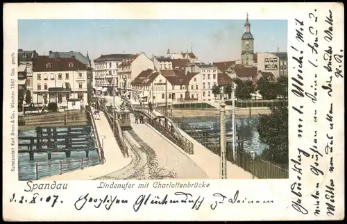 Ansichtskarte Spandau-Berlin Lindenufer, Straßenbahn - Goldfenster AK 1907