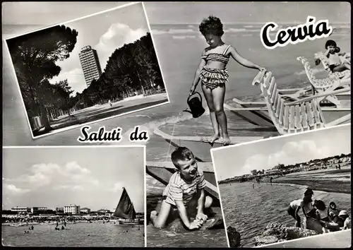Cartoline Cervia Mehrbildkarte mit Ortsansichten u.a. Strand, Kinder 1961