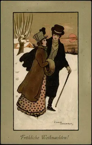 Weihnachten Christmas Glückwunsch Künstlerkarte Parkinson 1910   frankiert mit 5 Kronen Deutschösterreich