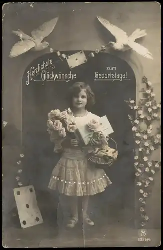 Glückwunsch Geburtstag Birthday Tauben und Mädchen mit Blumen 1913