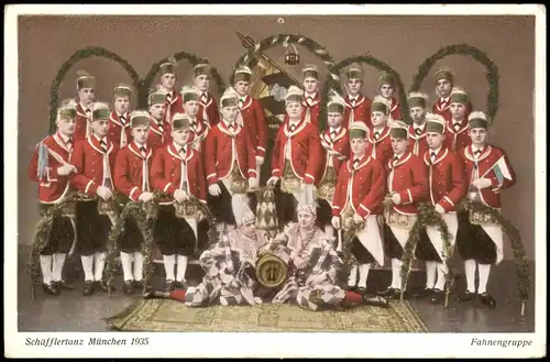 Ansichtskarte München Schäfflertanz Gruppe Fahnengruppe 1935