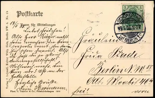 Treptow Berlin Bismarckwarte Müggelberge  1906   Stempel SCHÖNEBERG   BERLIN 1c