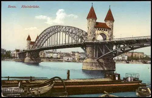 Ansichtskarte Bonn Rheinbrücke Rhein Frachtschiffe am Ufer 1910