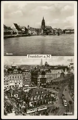 Ansichtskarte Frankfurt am Main 2-Bild-Karte mit Main Ufer u. Hauptwache 1938