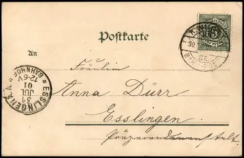 Ansichtskarte Hirsau-Calw Stadt  1901  gel. Ankunftsstempel Esslingen Bahnhof