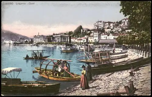 Ansichtskarte Lugano Quai, Einheimische mit kleinen Booten 1910