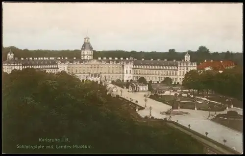 Ansichtskarte Karlsruhe Schlossplatz mit Landes-Museum 1920