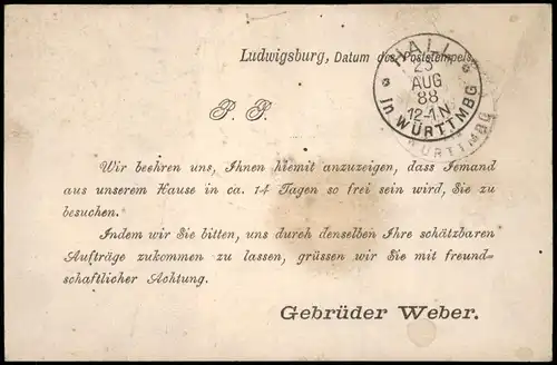 Ansichtskarte Ludwigsburg Besuchsanzeige Gebrüder Weber 1888  Hall Württemberg