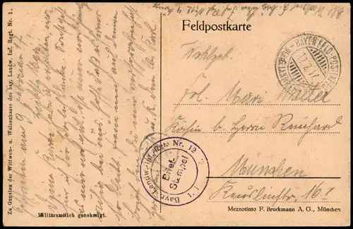 Ansichtskarte  BAYERNDENKMAL BEI INGERSHEIM 1917   Feldpostkarte Feldpost