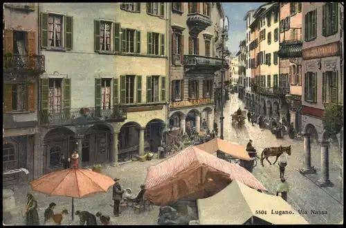 Ansichtskarte Lugano Via Nassa, Geschäfte Apotheke Verkaufsstände 1910