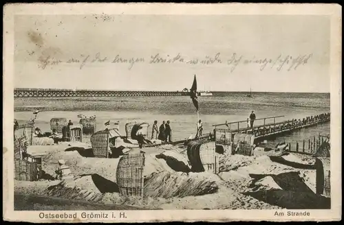 Ansichtskarte Grömitz (Holstein) Strand, Strandkörbe - Seesteg 1928