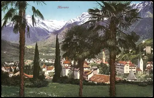 Cartoline Meran Merano Blick auf die Stadt - Palmen 1921
