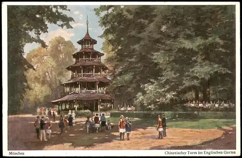 München Chinesischer Turm im Englischen Garten - Künstlerkarte 1928