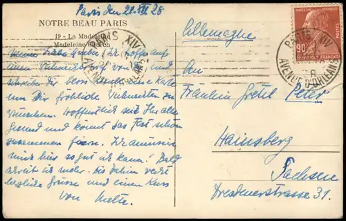 CPA Paris Église de la Madeleine 1928