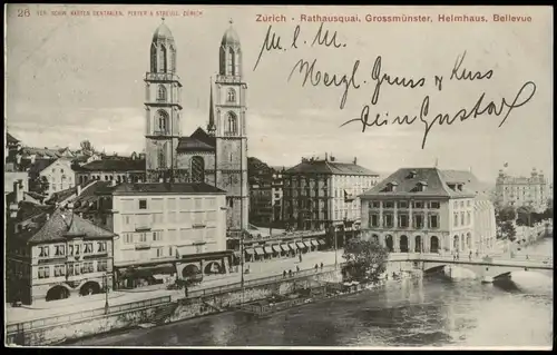 Ansichtskarte Zürich Rathausquai, Grossmünster, Helmhaus, Bellevue 1904