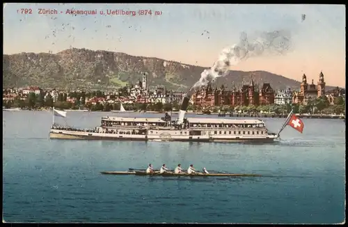 Ansichtskarte Zürich Alpenquai u. Uetliberg, Dampfer Steamer 1920