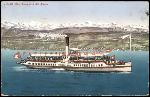 Ansichtskarte Zürich Dampfer Steamer 
Zürichsee 1913  Stempel Briefexpidition