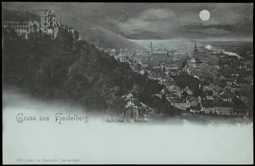 Ansichtskarte Heidelberg Panorama-Ansicht Schloss bei Mondschein 1900 Luna