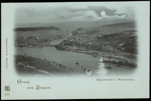 Bingen am Rhein Bingerbrück u. Mäusethurm im Rhein bei Mondschein 1900 Luna