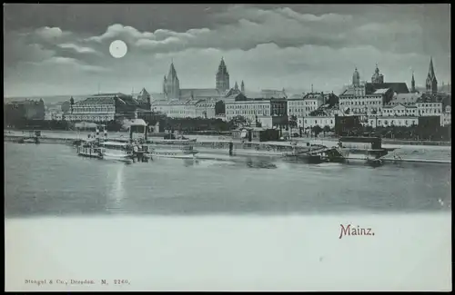 Ansichtskarte Mainz Panorama-Ansicht, Rhein Schiffe bei Mondschein 1900 Luna