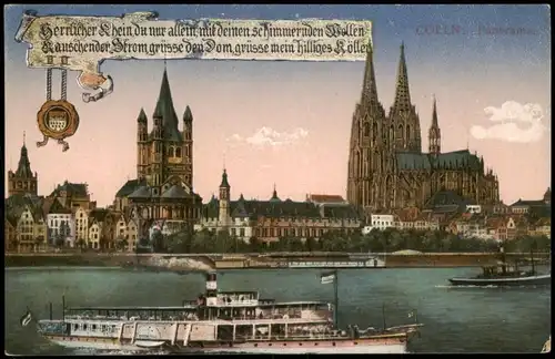 Köln Panorama-Ansicht Stadt-Ansicht mit Dom u. Rhein-Dampfer 1920