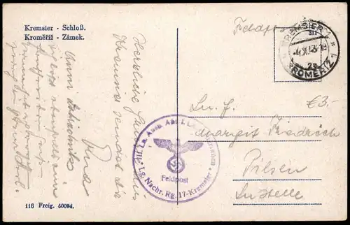 Postcard Kremsier Kroměříž Schloss / Zámek 1943  gel. Nachrichten Feldpost WK2