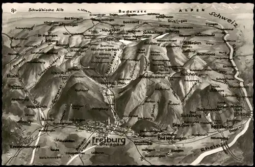 .Baden-Württemberg Schwarzwald (Mittelgebirge) Reliefkarte Region Freiburg 1960