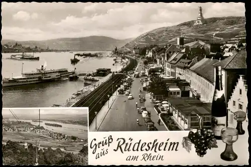 Rüdesheim (Rhein) Panorama-Ansicht Rhein Dampfer Anlegestelle 1959