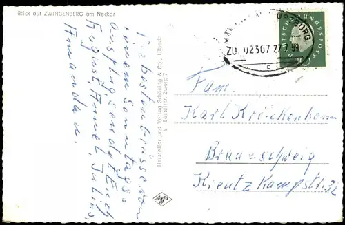 Ansichtskarte Zwingenberg (Bergstraße) Panorama-Ansicht 1959   Bahnpoststempel