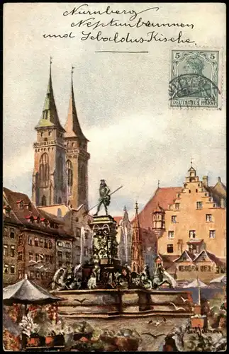 Nürnberg Neptunbrunnen u. Sebaldus-Kirche (Künstlerkarte) 1912