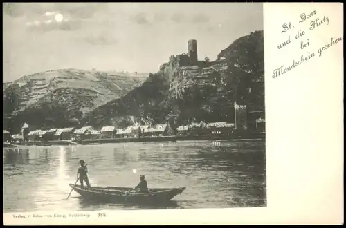 Sankt Goar Panorama-Ansicht vom Rhein aus, bei Mondschein mit Burg Katz 1900