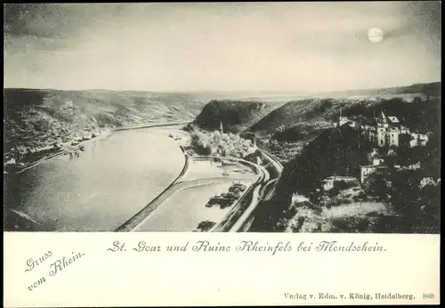 Sankt Goar Rhein Panorama und Ruine Rheinfels bei Mondschein 1900 Luna