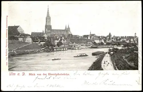 Ulm a. d. Donau Blick von der Eisenbahnbrücke, Flussbadeanstalt 1904