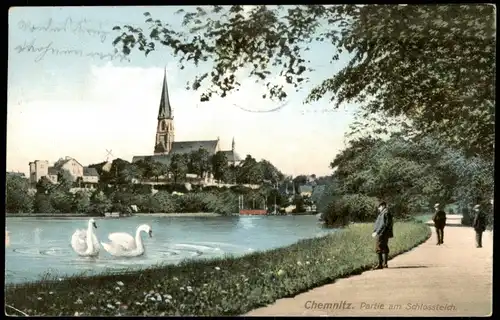 Ansichtskarte Chemnitz Schloßteich 1908   mit gutem Fahnenstempel / CHEMNITZ