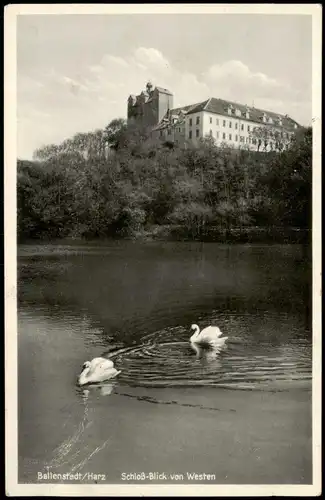 Ansichtskarte Ballenstedt (Harz) Schloss, Teich mit Schwänen 1936