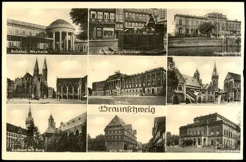 Ansichtskarte Braunschweig Bahnhof Westseite, Schloß uvm 1957