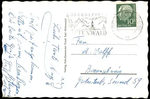 Ansichtskarte Mittenwald Mittenwald-Hochstraße mit Karwendel 2385 m 1957