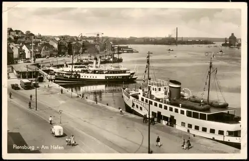 Ansichtskarte Flensburg Hafen Schiffe Dampfer Steamer 1952
