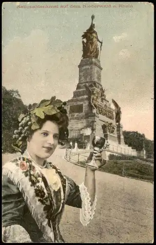 Rüdesheim (Rhein) National-Denkmal u. Weinkönigin 1908  gel. Feldpoststempel
