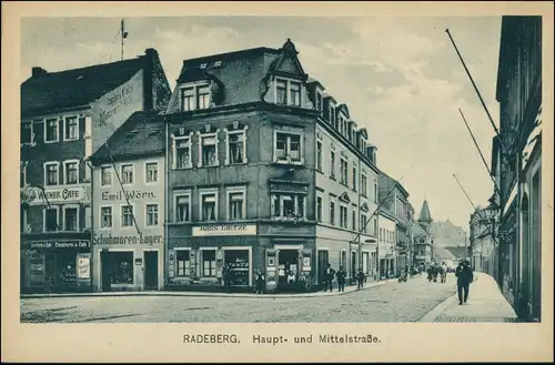 Ansichtskarte Radeberg Geschäfte - Haupt- und Mittelstraße 1928