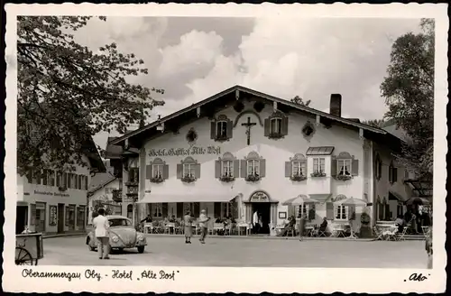 Ansichtskarte Oberammergau Hotel zur Post VW Käfer Auto 1950