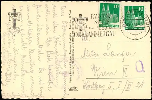 Ansichtskarte Oberammergau Hotel zur Post VW Käfer Auto 1950