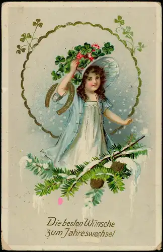 Neujahr Sylvester New Year Prägekarte Mädchen Hufeisen Kleeblätter 1913