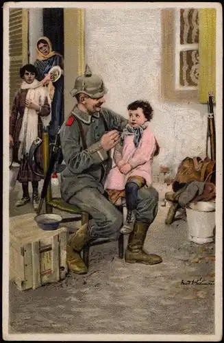 Militär/Propaganda 1.WK (Erster Weltkrieg) Soldat mit Kind Künstlerkarte 1915