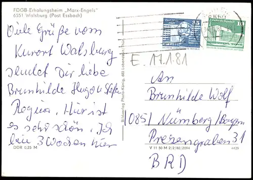 Ansichtskarte Walsburg-Eßbach FDGB-Erholungsheim „Marx-Engels" 1980