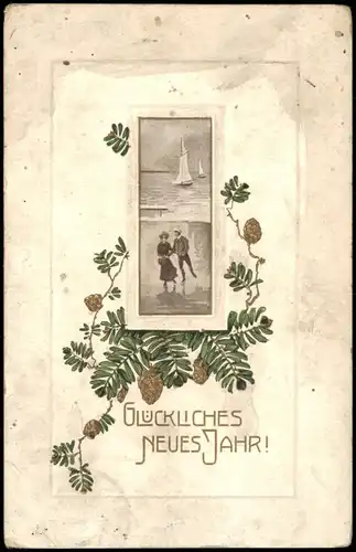 Neujahr Sylvester New Year Prägekarte Tannennadeln Meermotiv 1912