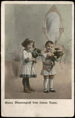 Ansichtskarte  Kinder Mädchen Junge Vatertag Blumen 1919