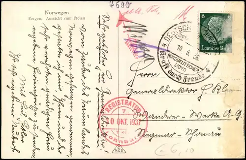 Postcard Bergen Bergen Stadtblick 1937  gel. mit Bordstempel
