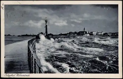 Ansichtskarte Warnemünde-Rostock Sturmflut, Stadt, Mole Stimmungsbild 1930